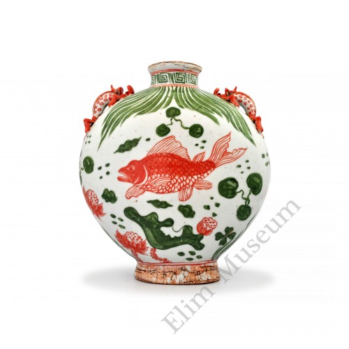 1408 A Yuan Red-Green glaze flask fish-lotus decor  